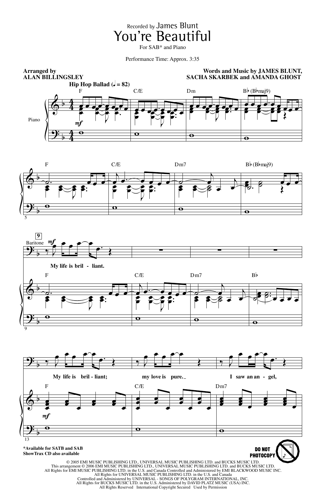 James Blunt You're Beautiful (arr. Alan Billingsley) sheet music notes and chords arranged for SAB Choir
