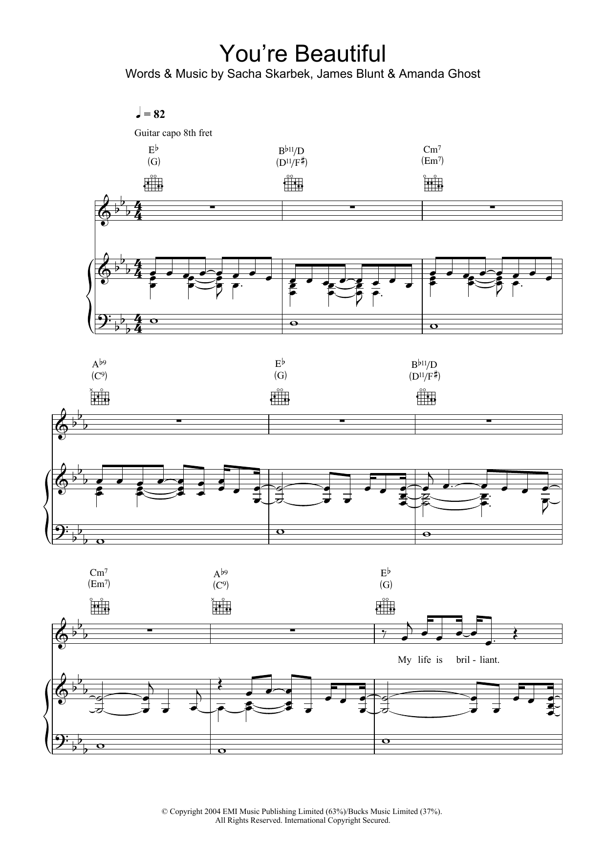 James Blunt You're Beautiful sheet music notes and chords arranged for Guitar Lead Sheet