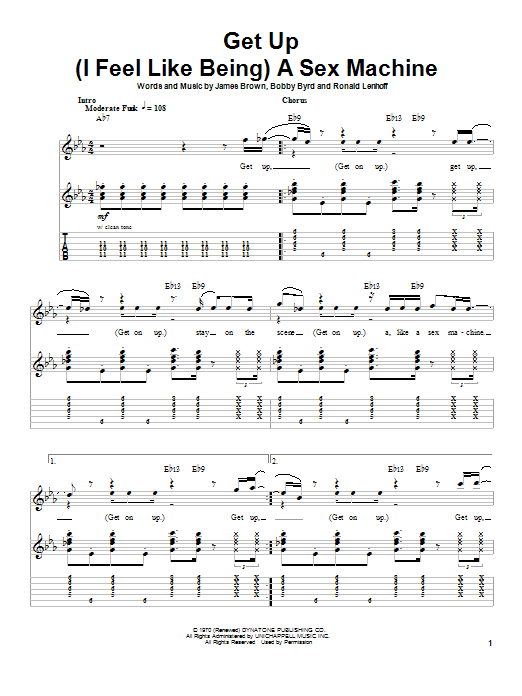 James Brown Get Up (I Feel Like Being A Sex Machine) sheet music notes and chords arranged for Bass Guitar Tab