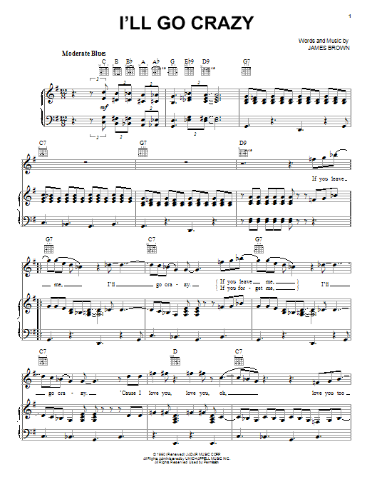 James Brown I'll Go Crazy sheet music notes and chords arranged for Piano, Vocal & Guitar Chords (Right-Hand Melody)