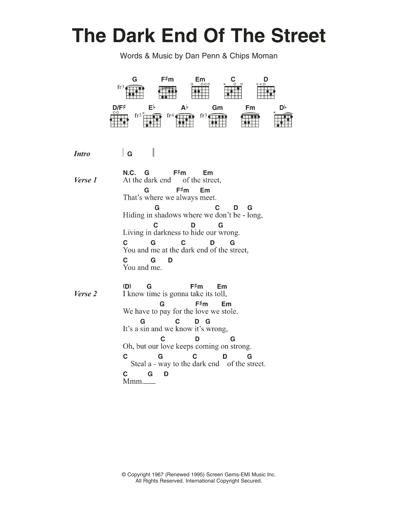 James Carr The Dark End Of The Street sheet music notes and chords arranged for Guitar Chords/Lyrics