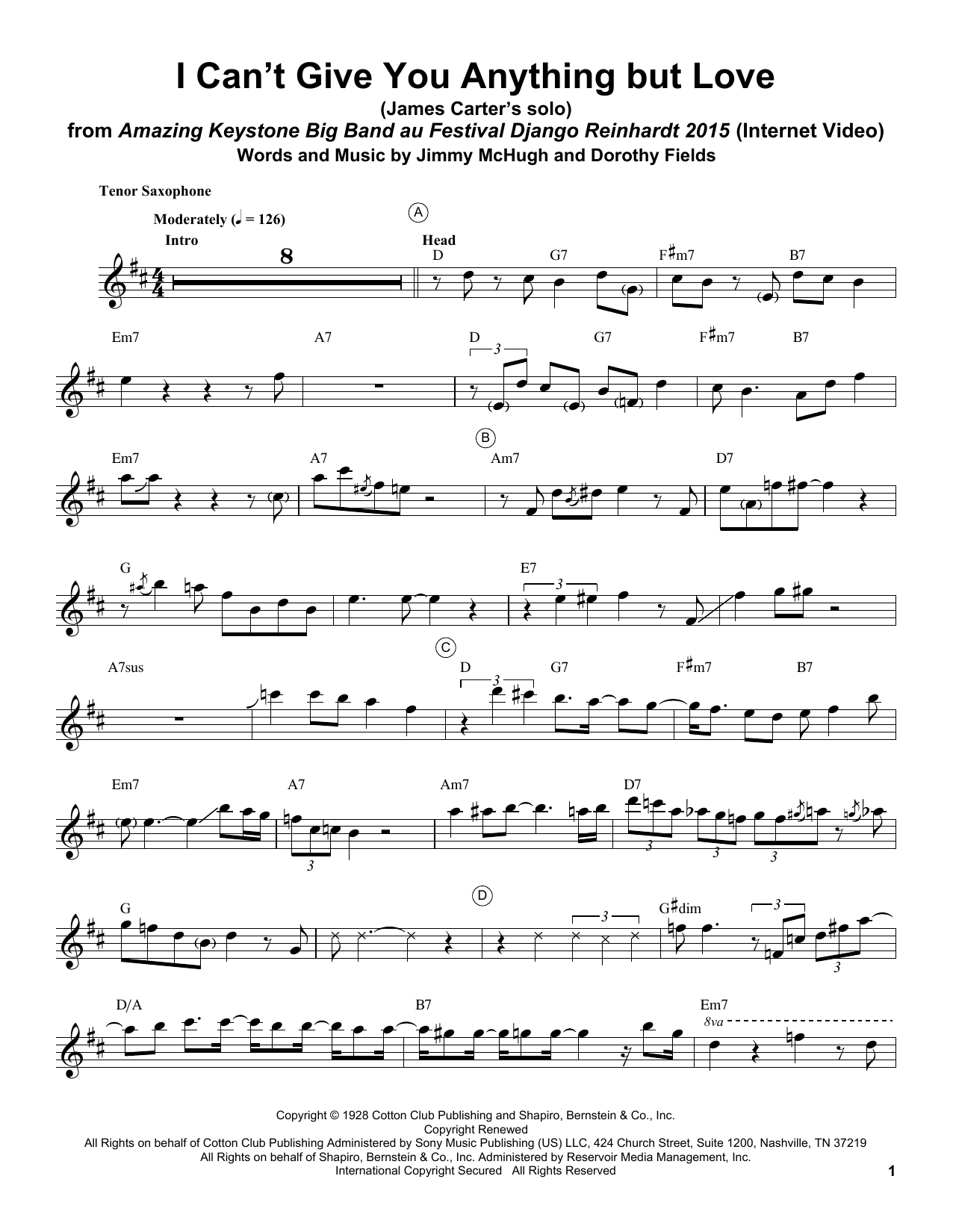 James Carter I Can't Give You Anything But Love sheet music notes and chords arranged for Tenor Sax Transcription