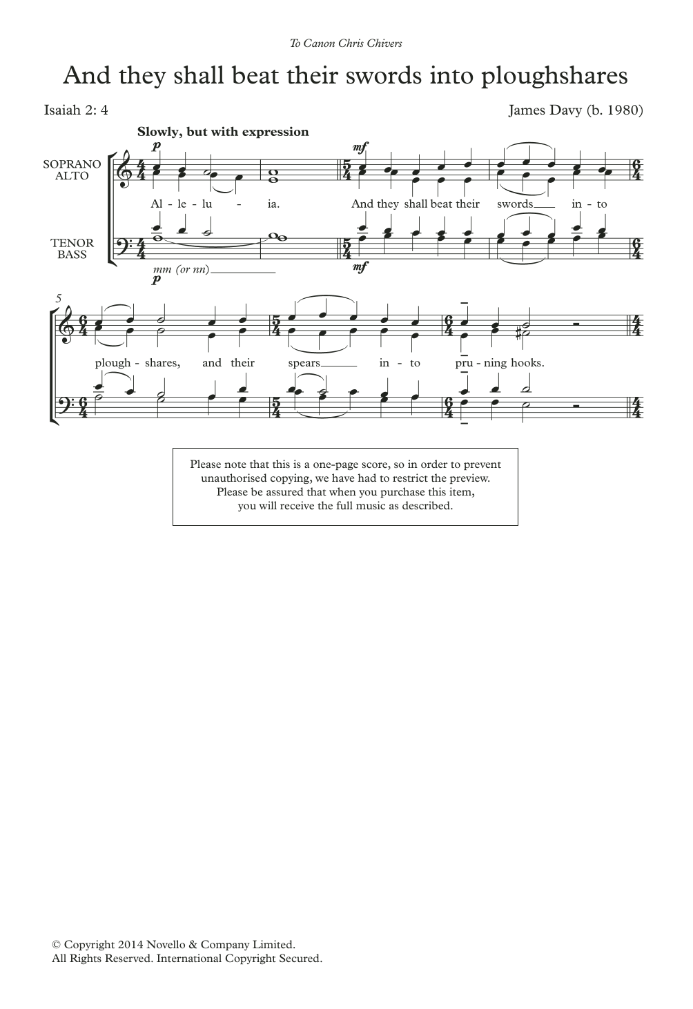 James Davy And They Shall Beat Their Swords Into Ploughshares sheet music notes and chords arranged for Choir