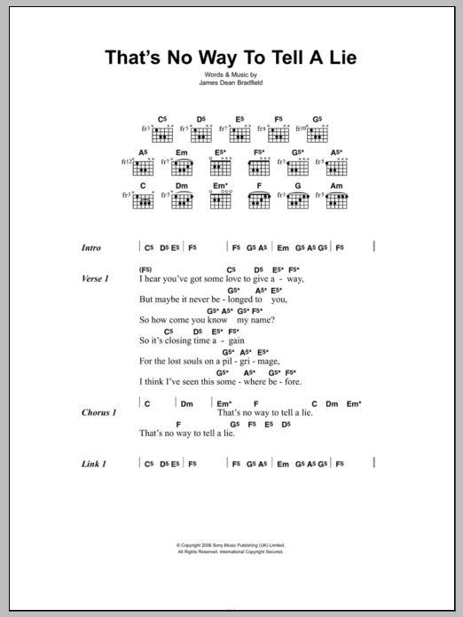 James Dean Bradfield That's No Way To Tell A Lie sheet music notes and chords arranged for Guitar Chords/Lyrics