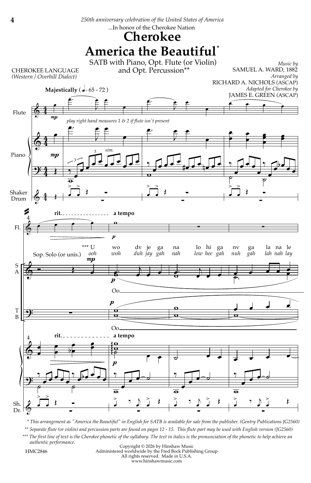 James E. Green Cherokee America the Beautiful sheet music notes and chords arranged for SATB Choir