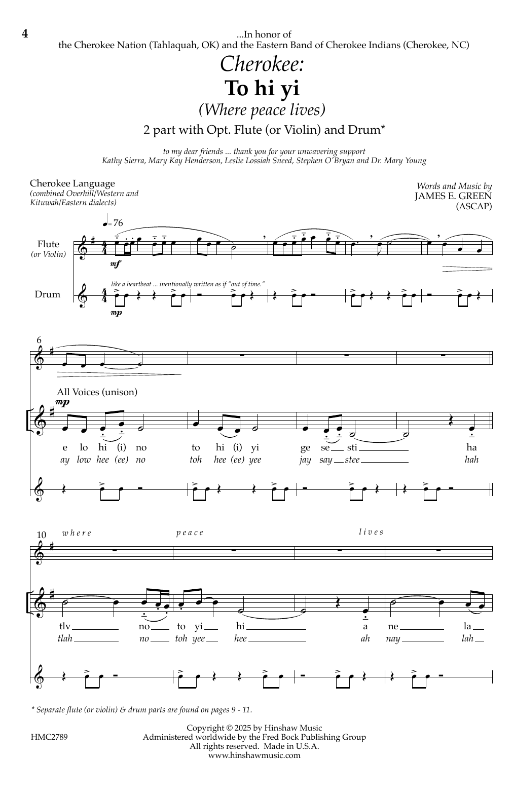 James E. Green Cherokee: To hi yi (Where Peace Lives) sheet music notes and chords arranged for Choir