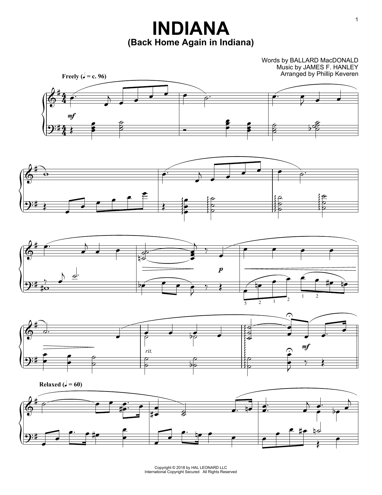 James F. Hanley Indiana (Back Home Again In Indiana) [Jazz version] (arr. Phillip Keveren) sheet music notes and chords arranged for Piano Solo
