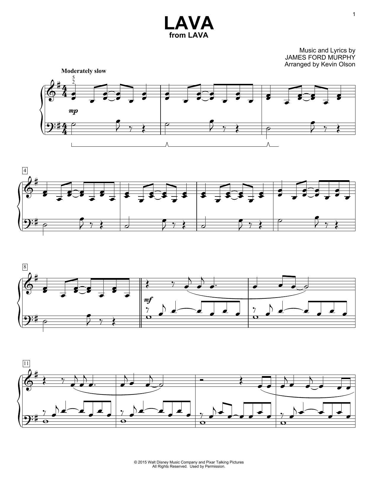James Ford Murphy Lava (from Lava) (arr. Kevin Olson) sheet music notes and chords arranged for Easy Piano Solo
