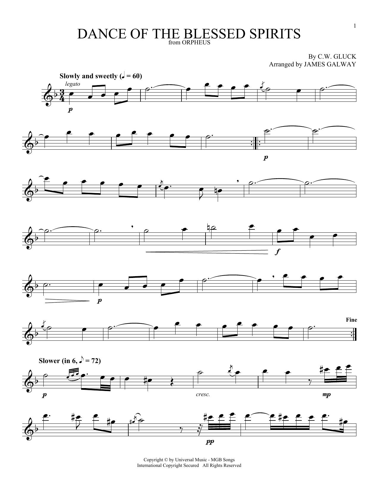 James Galway Dance Of The Blessed Spirits sheet music notes and chords arranged for Flute Solo