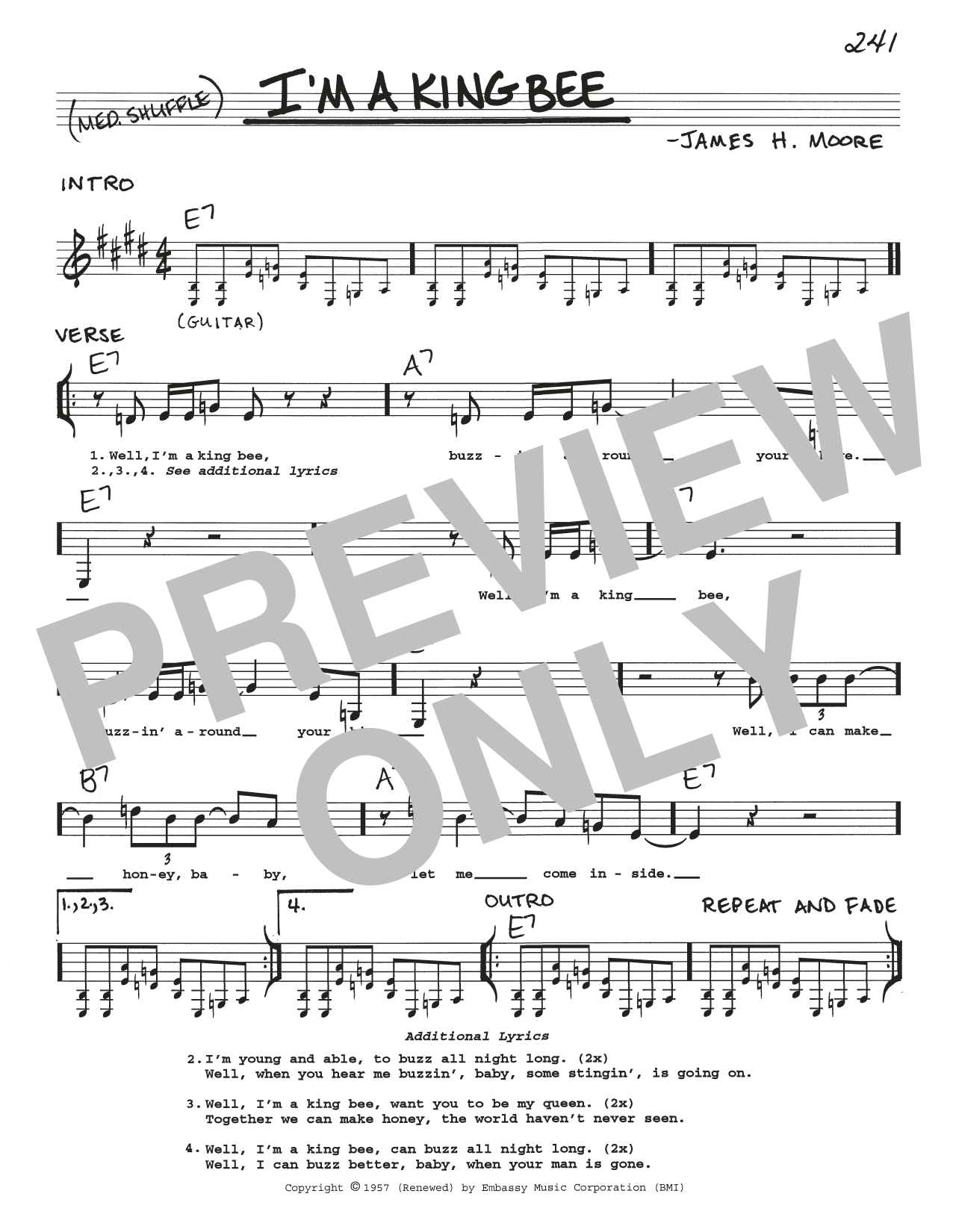James H. Moore I'm A King Bee sheet music notes and chords arranged for Real Book – Melody, Lyrics & Chords