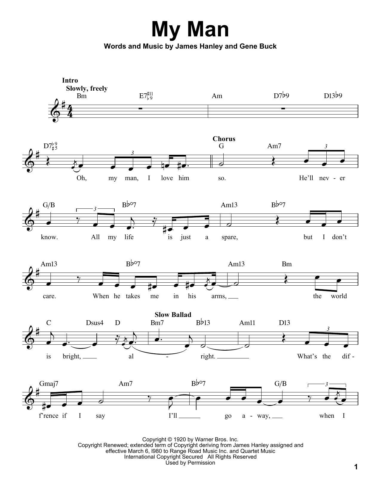 James Hanley My Man sheet music notes and chords arranged for Pro Vocal