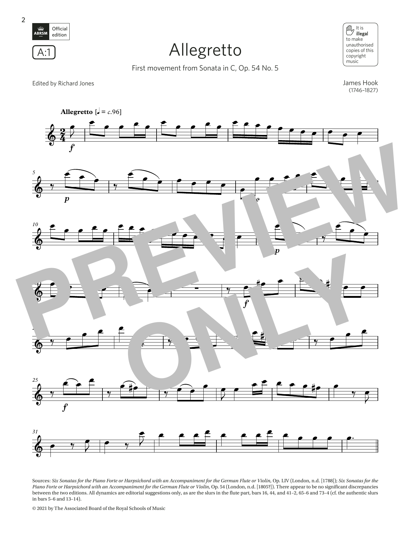 James Hook Allegretto (from Sonata in C, Op.54 No.5) (Grade 4 List A1 from the ABRSM Flute syllabus from 2022) sheet music notes and chords arranged for Flute Solo
