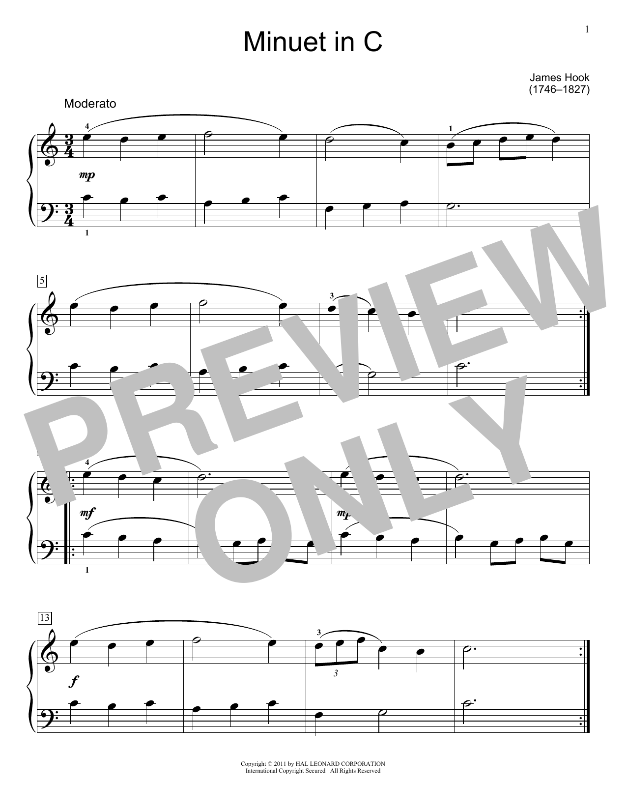 James Hook Minuet In C sheet music notes and chords arranged for Educational Piano