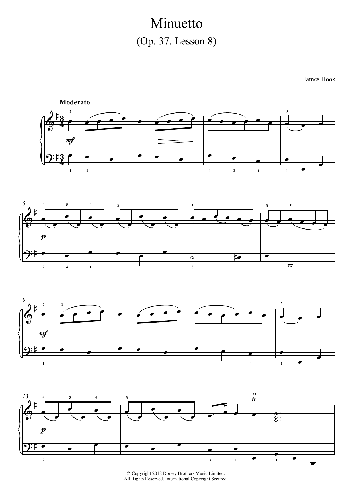 James Hook Minuetto Op. 37, Lesson 8 sheet music notes and chords arranged for Piano Solo