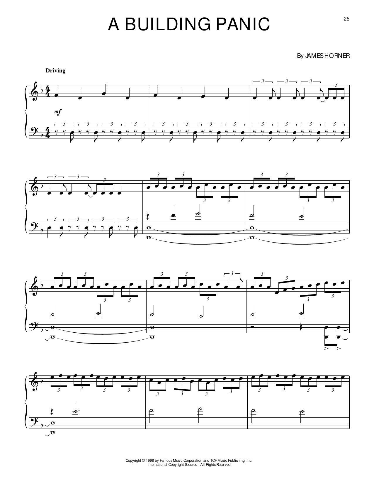 James Horner A Building Panic (from Titanic) sheet music notes and chords arranged for Piano Solo