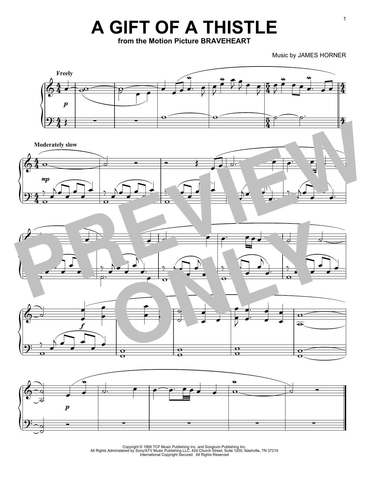 James Horner A Gift Of A Thistle sheet music notes and chords arranged for Piano Solo