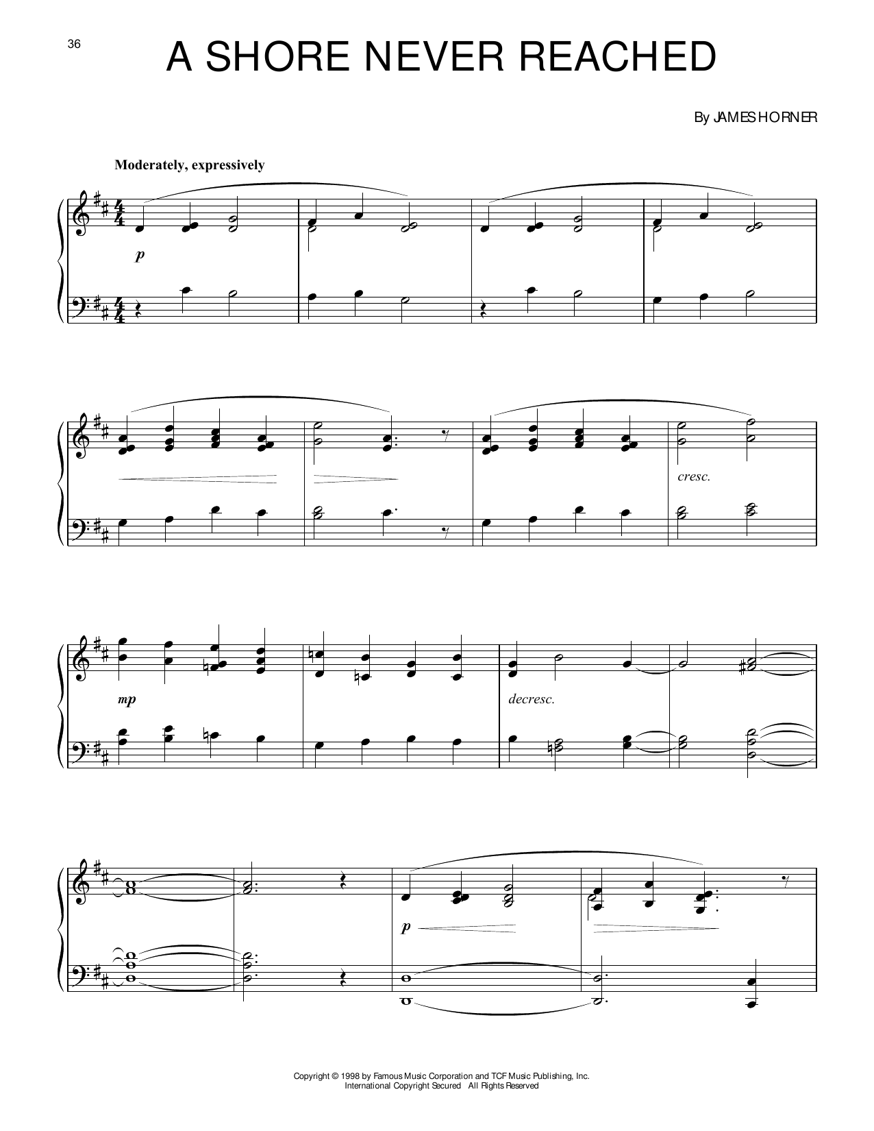 James Horner A Shore Never Reached (from Titanic) sheet music notes and chords arranged for Piano Solo