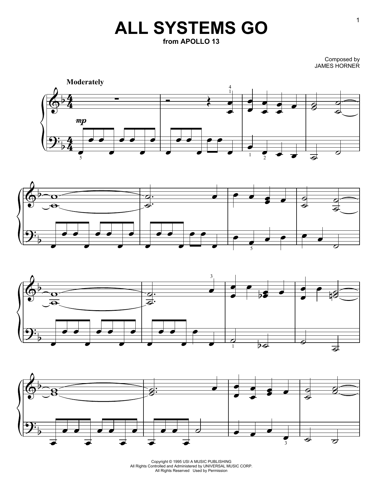 James Horner All Systems Go (from Apollo 13) sheet music notes and chords arranged for Easy Piano