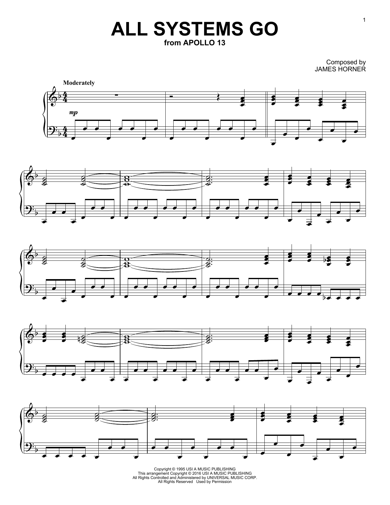 James Horner All Systems Go sheet music notes and chords arranged for Piano Solo