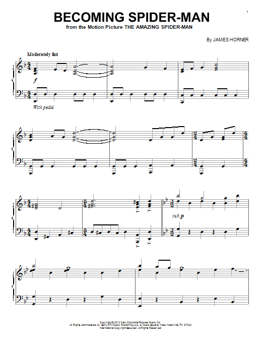 James Horner Becoming Spider-Man (from The Amazing Spider-Man) sheet music notes and chords arranged for Piano Solo