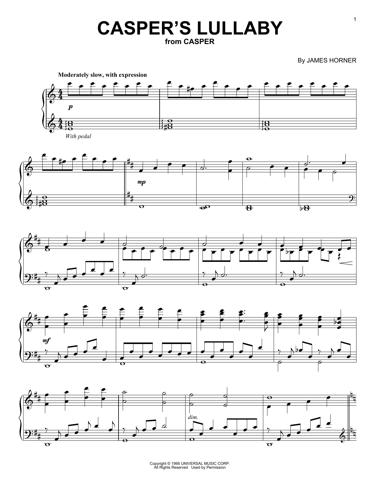 James Horner Casper's Lullaby sheet music notes and chords arranged for Piano Solo