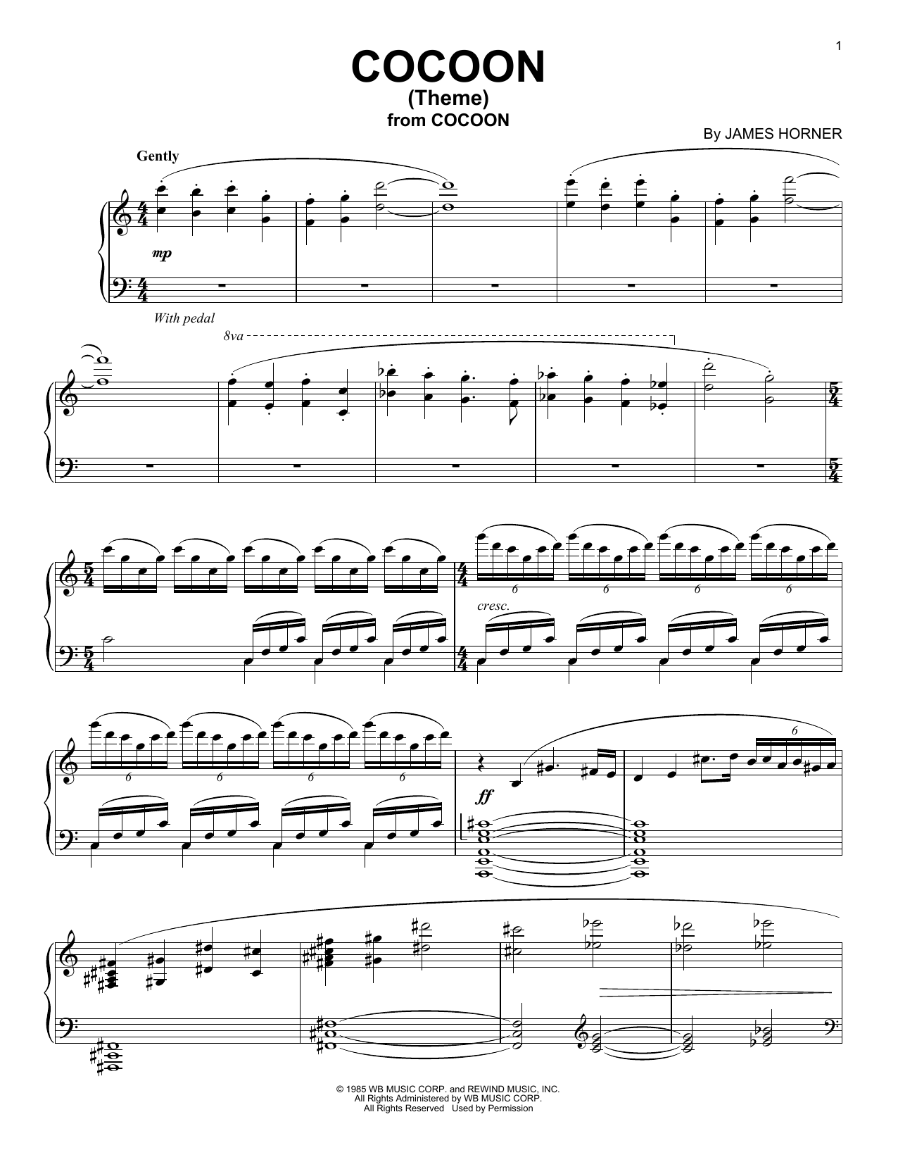 James Horner Cocoon (Theme) sheet music notes and chords arranged for Piano Solo