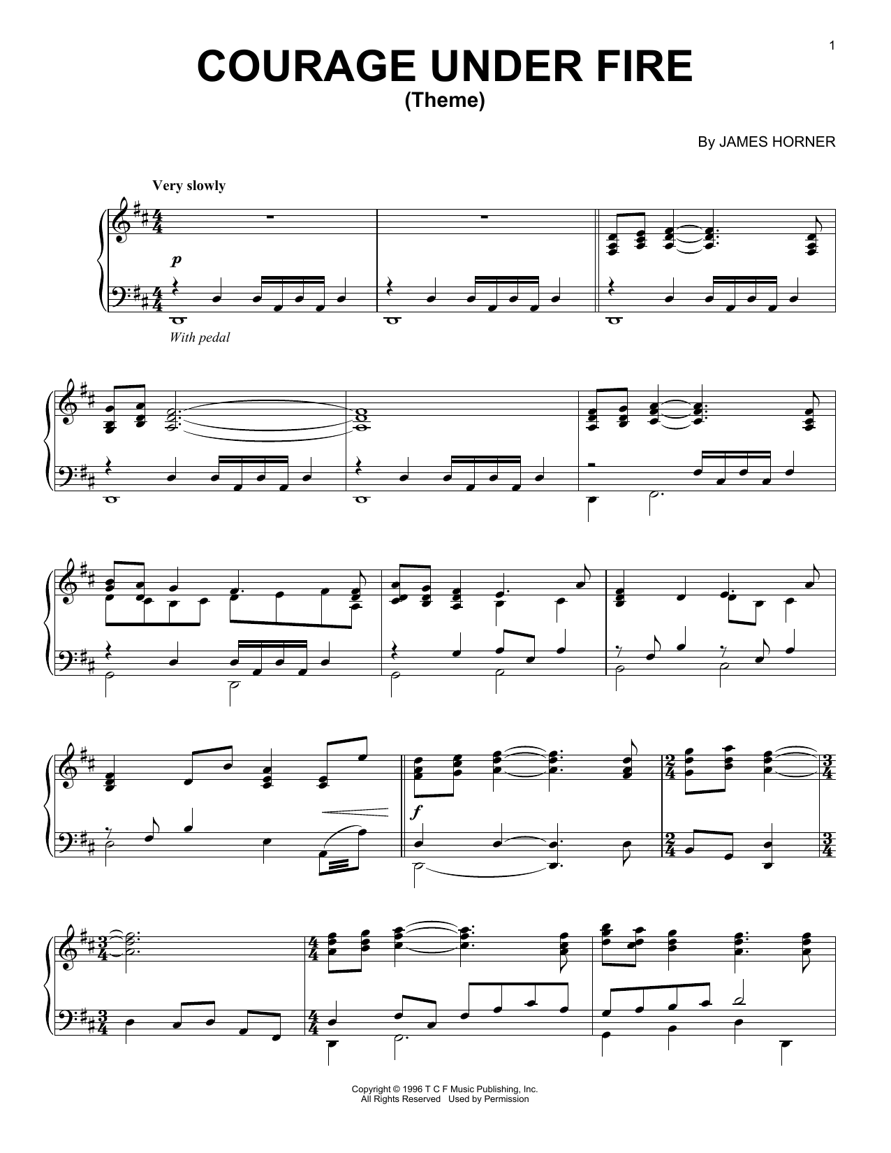James Horner Courage Under Fire (Theme) sheet music notes and chords arranged for Piano Solo