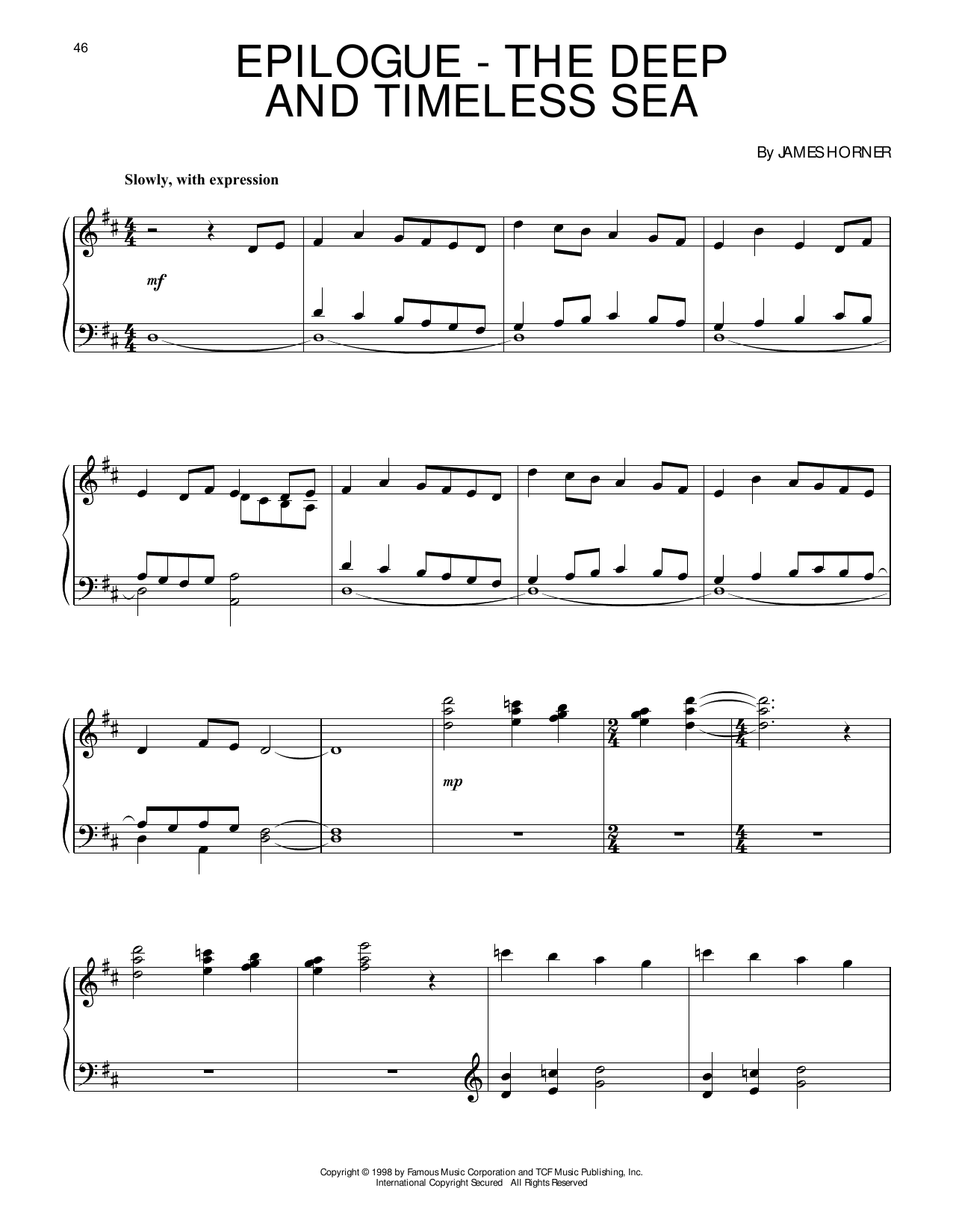 James Horner Epilogue - The Deep And Timeless Sea (from Titanic) sheet music notes and chords arranged for Piano Solo