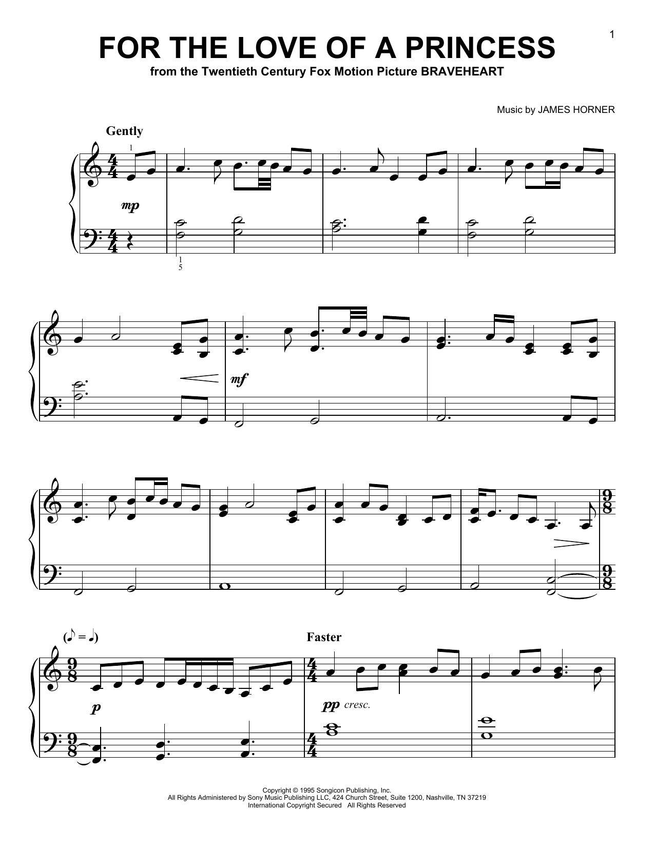 James Horner For The Love Of A Princess (from Braveheart) sheet music notes and chords arranged for Easy Piano