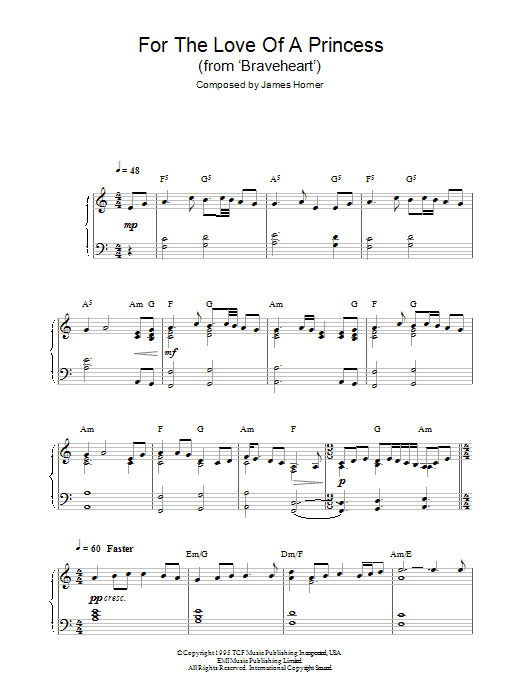 James Horner For The Love Of A Princess sheet music notes and chords arranged for Piano Solo