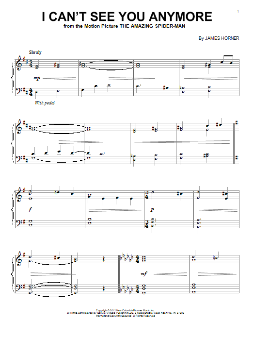 James Horner I Can't See You Anymore sheet music notes and chords arranged for Piano Solo