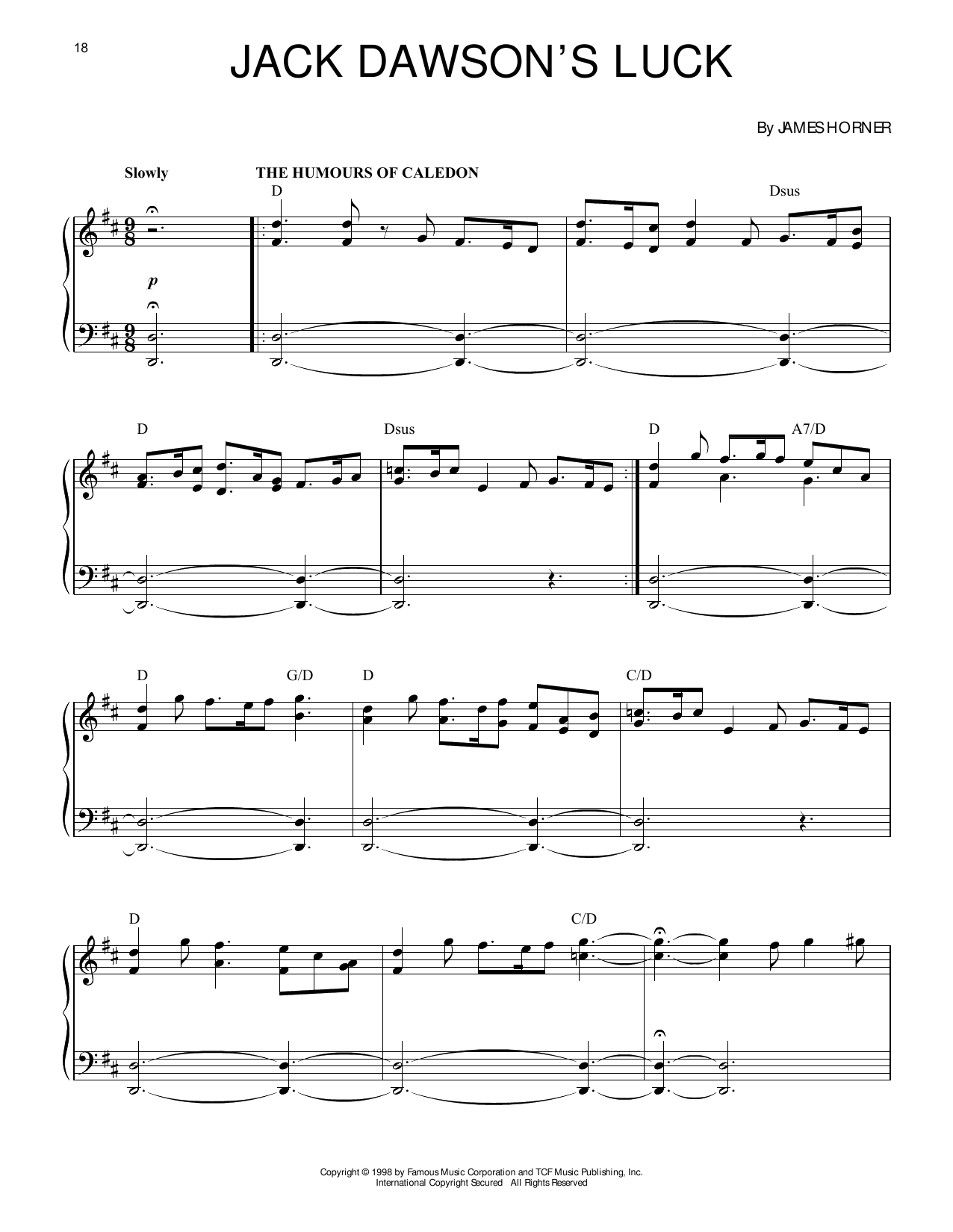 James Horner Jack Dawson's Luck (from Titanic) sheet music notes and chords arranged for Piano Solo