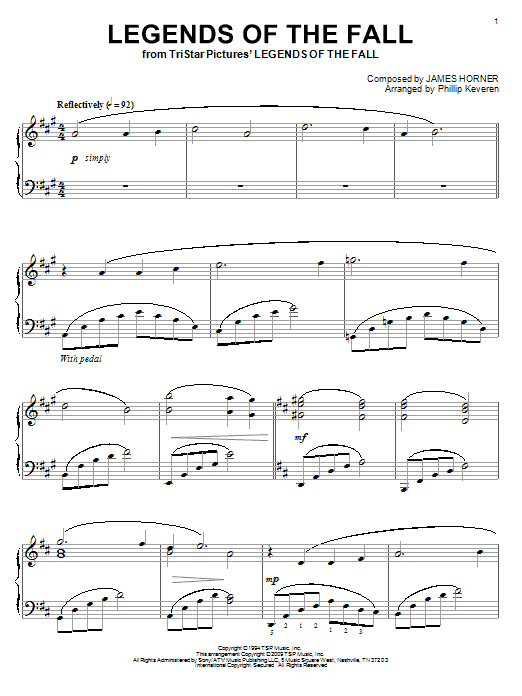 James Horner Legends Of The Fall (arr. Phillip Keveren) sheet music notes and chords arranged for Piano Solo