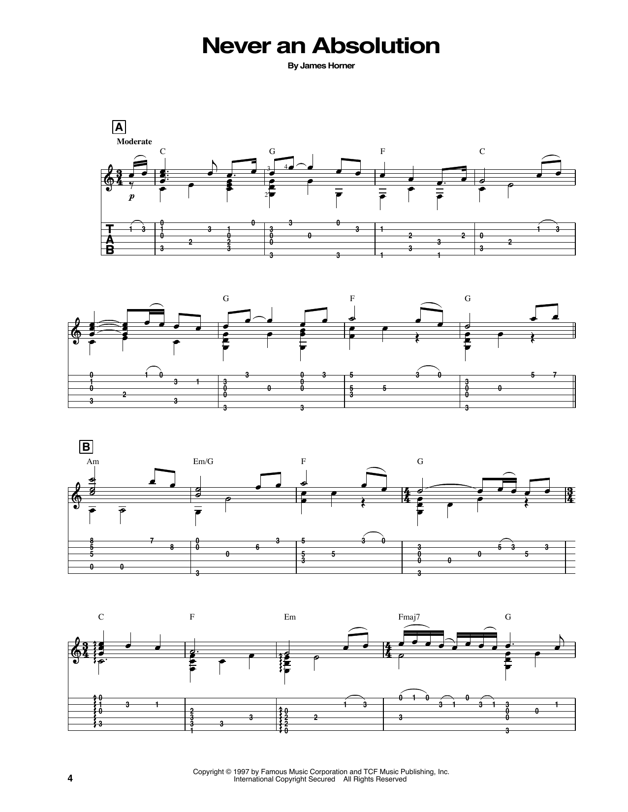 James Horner Never An Absolution (from Titanic) sheet music notes and chords arranged for Solo Guitar