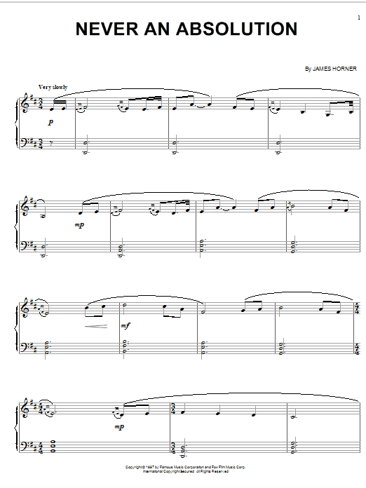 James Horner Never An Absolution sheet music notes and chords arranged for Piano, Vocal & Guitar Chords (Right-Hand Melody)