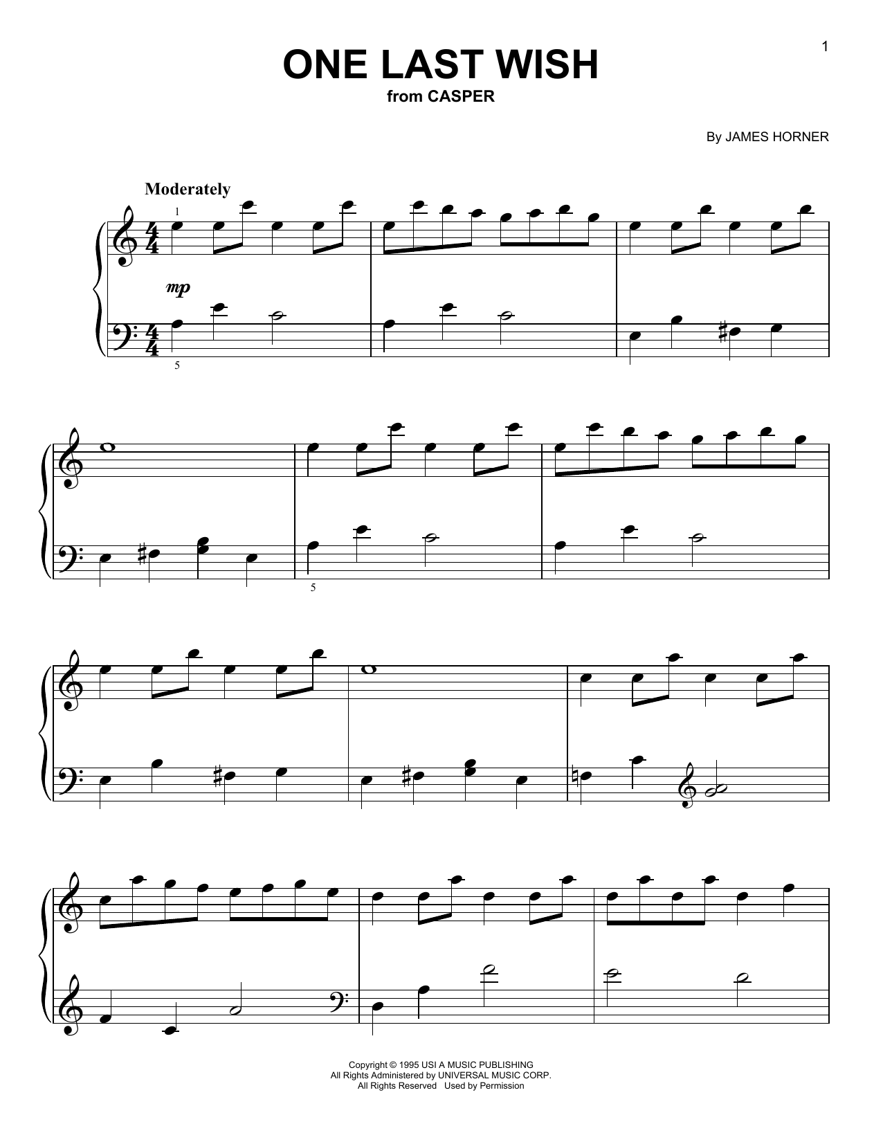 James Horner One Last Wish (from Casper) sheet music notes and chords arranged for Big Note Piano