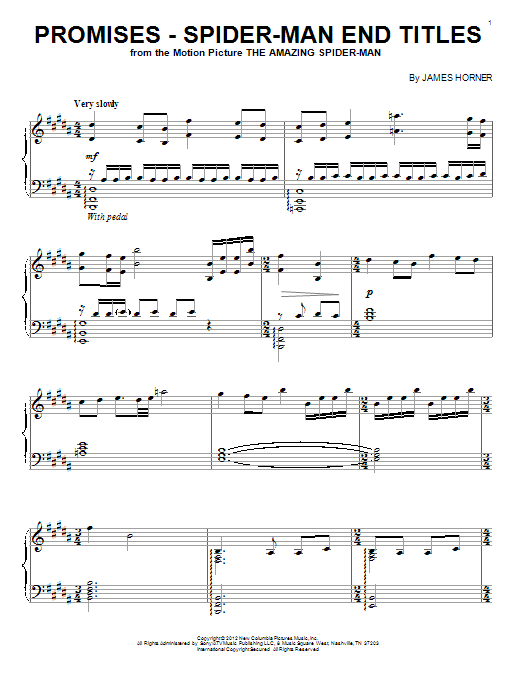 James Horner Promises (From The Amazing Spider-Man End Titles) sheet music notes and chords arranged for Piano Solo
