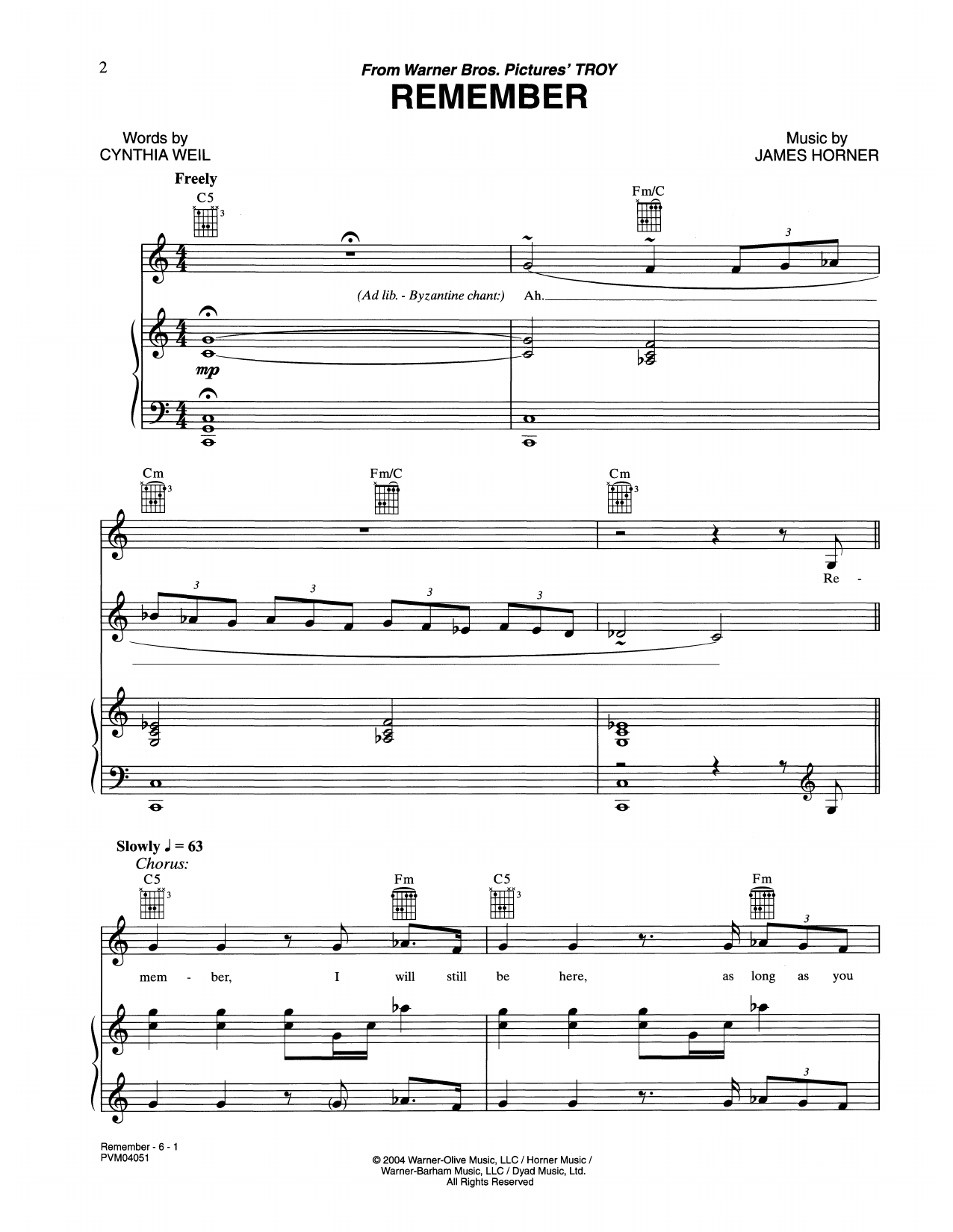 James Horner Remember (from Troy) sheet music notes and chords arranged for Piano, Vocal & Guitar Chords (Right-Hand Melody)