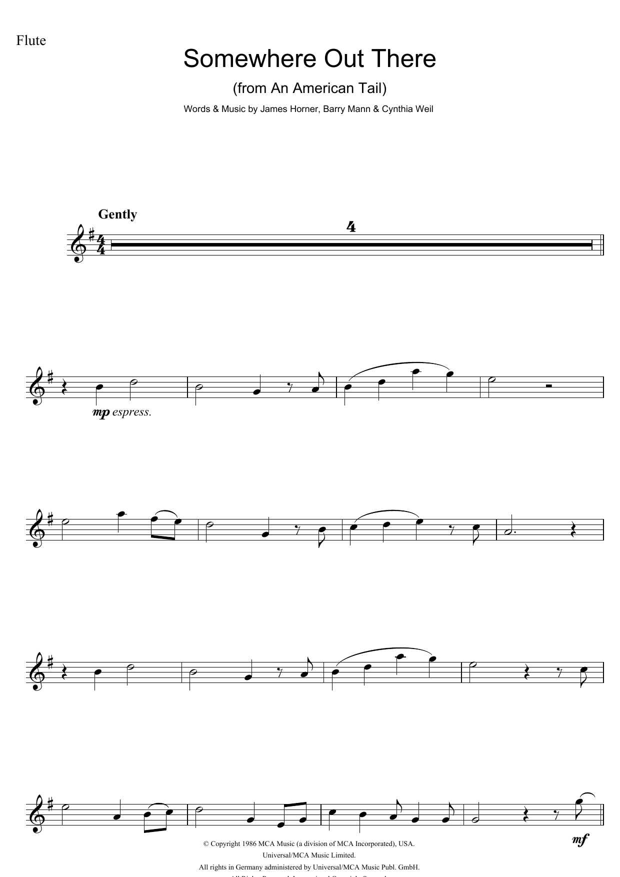 James Horner Somewhere Out There (from An American Tail) sheet music notes and chords arranged for Flute Solo
