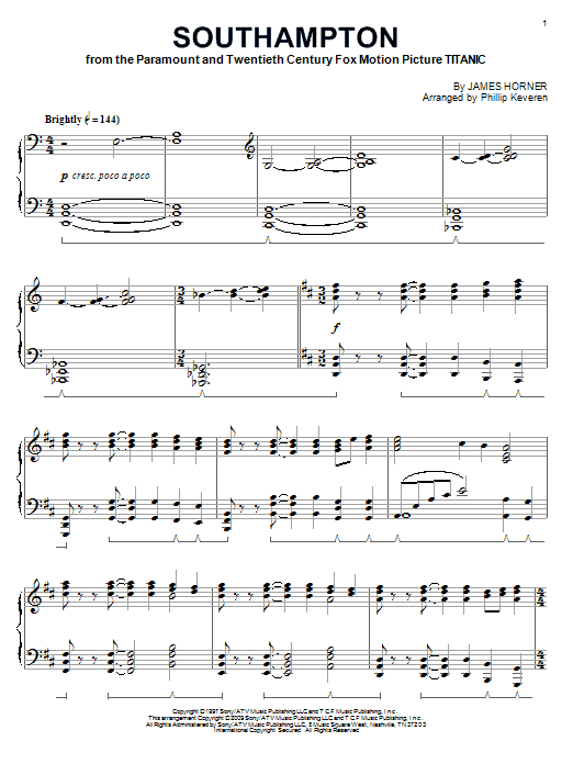 James Horner Southampton (arr. Phillip Keveren) sheet music notes and chords arranged for Piano Solo