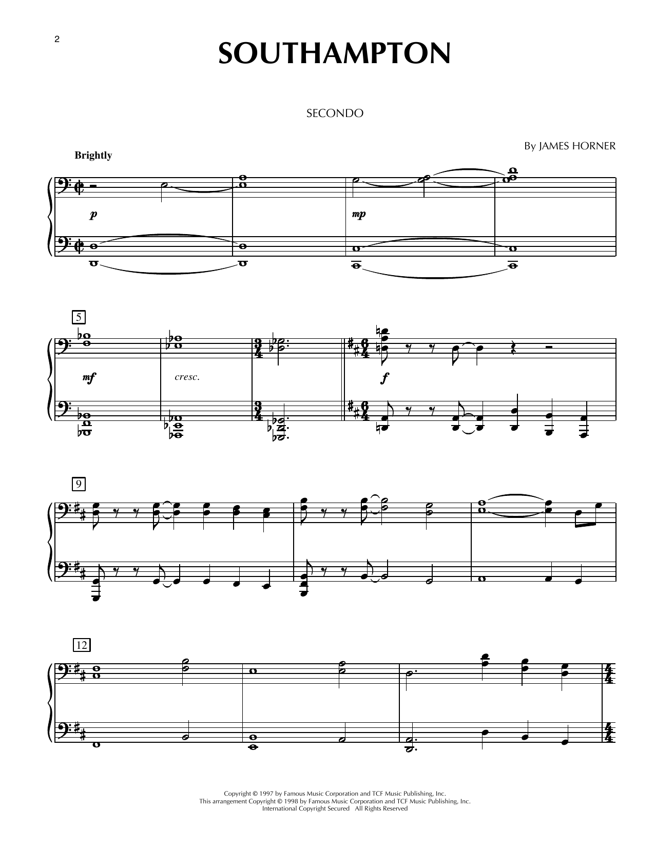 James Horner Southampton (from Titanic) sheet music notes and chords arranged for Piano Duet