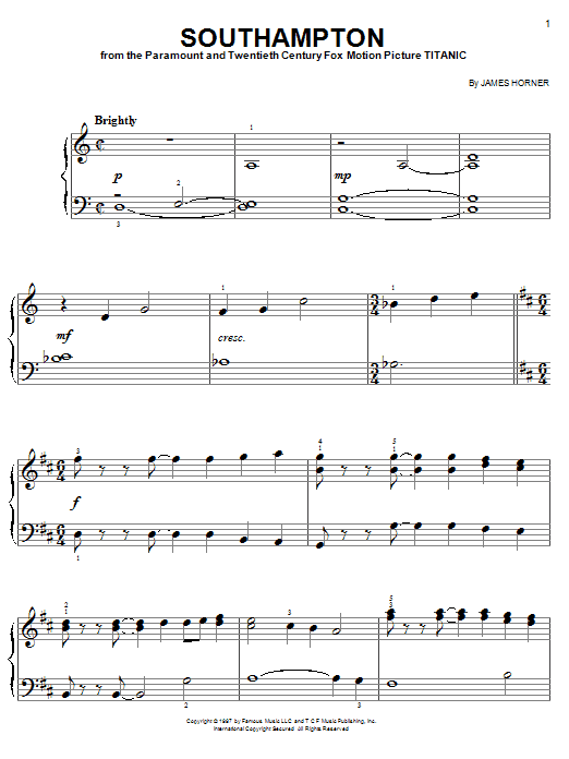 James Horner Southampton sheet music notes and chords arranged for Piano Solo