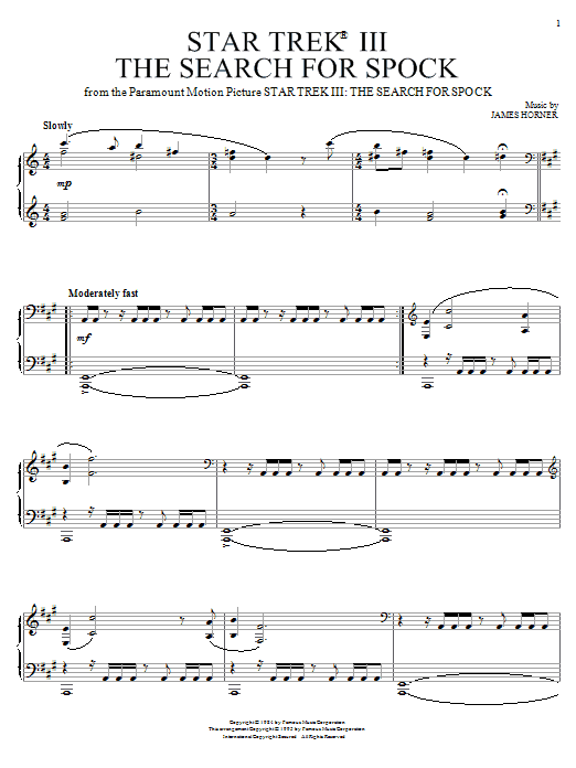 James Horner Star Trek III - The Search For Spock sheet music notes and chords arranged for Piano Solo