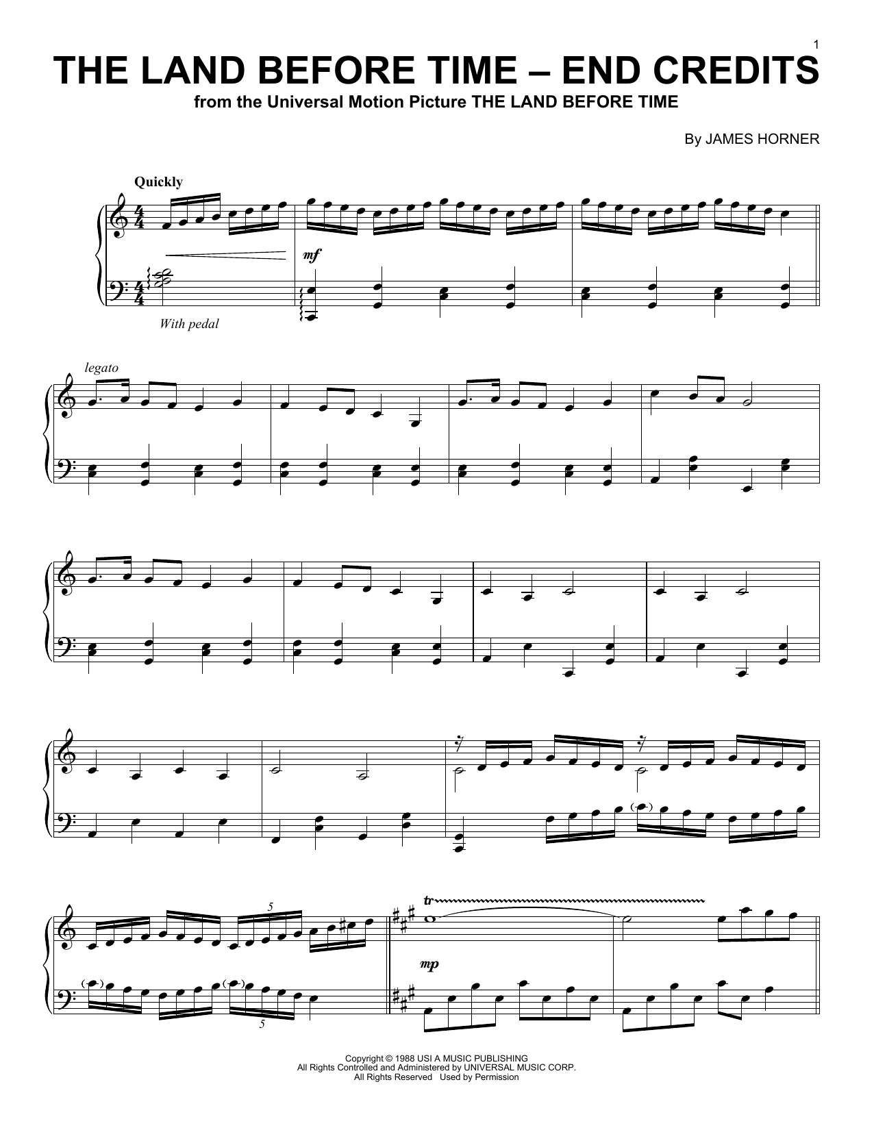 James Horner The Land Before Time - End Credits sheet music notes and chords arranged for Piano Solo
