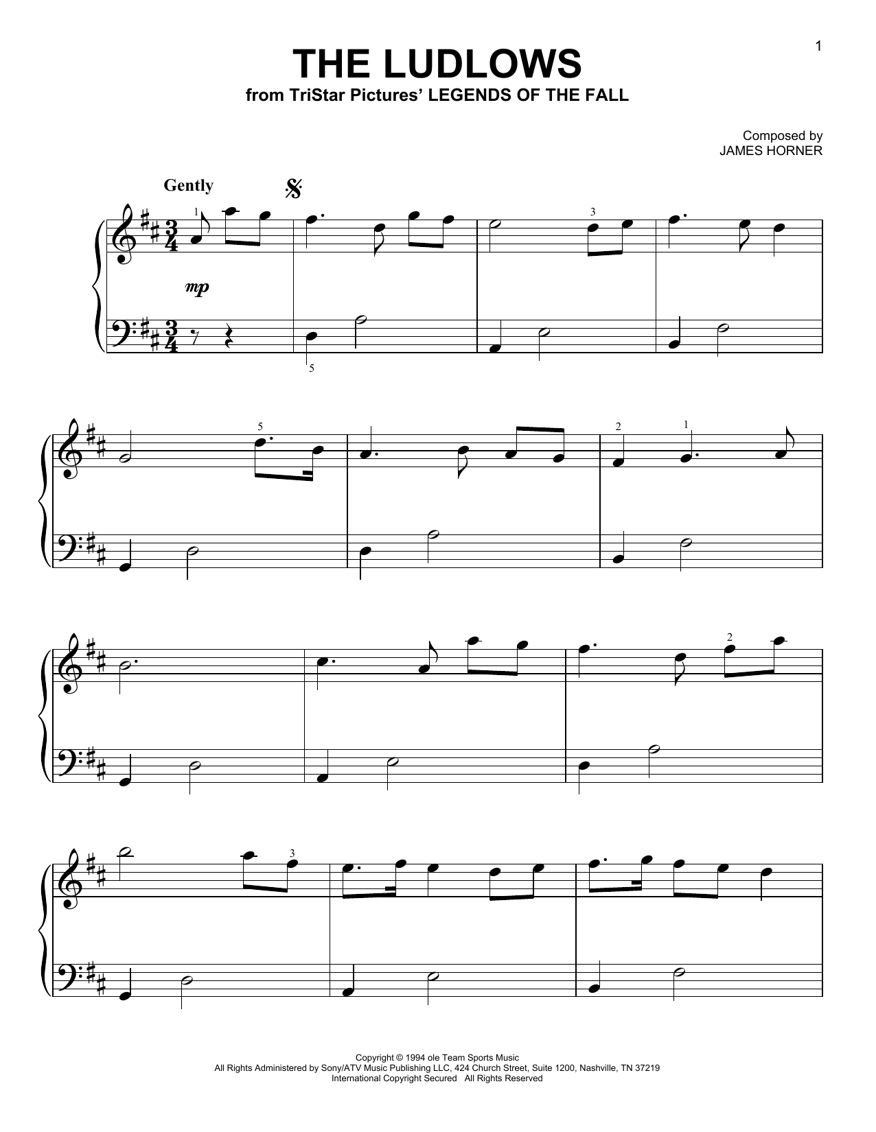 James Horner The Ludlows (from Legends of the Fall) sheet music notes and chords arranged for Very Easy Piano