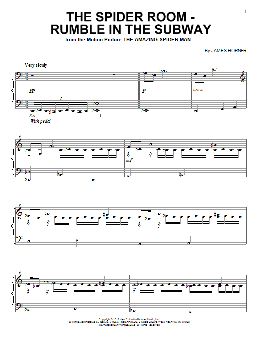 James Horner The Spider Room - Rumble In The Subway sheet music notes and chords arranged for Piano Solo