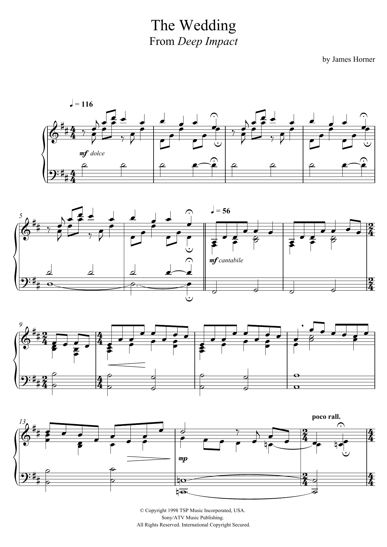 James Horner The Wedding (From 'Deep Impact') sheet music notes and chords arranged for Piano Solo