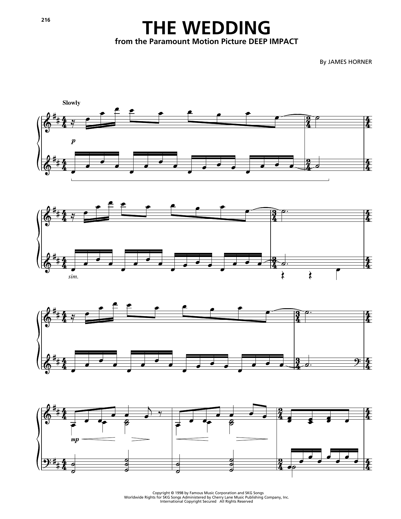 James Horner The Wedding (from Legends Of The Fall) sheet music notes and chords arranged for Piano Solo
