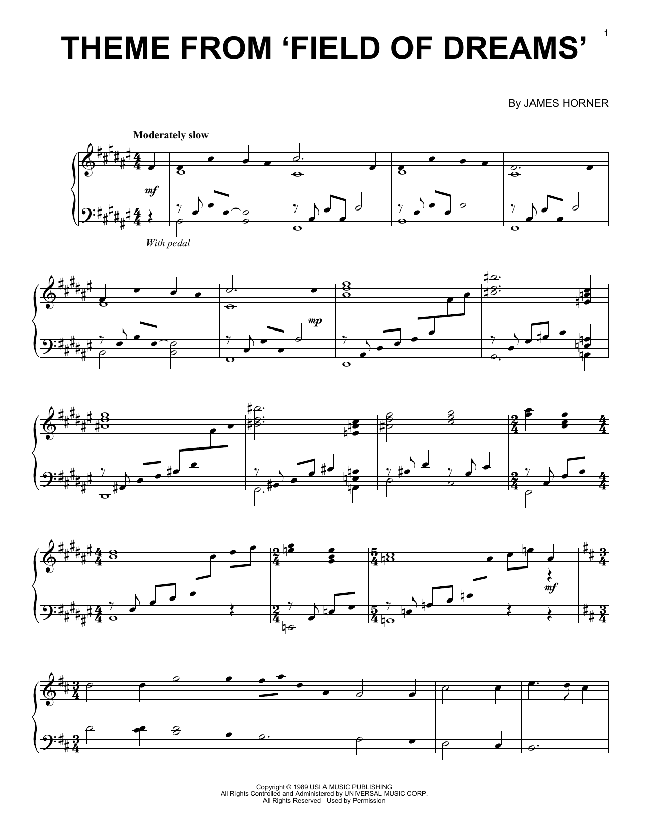 James Horner Theme From Field Of Dreams sheet music notes and chords arranged for Piano Solo