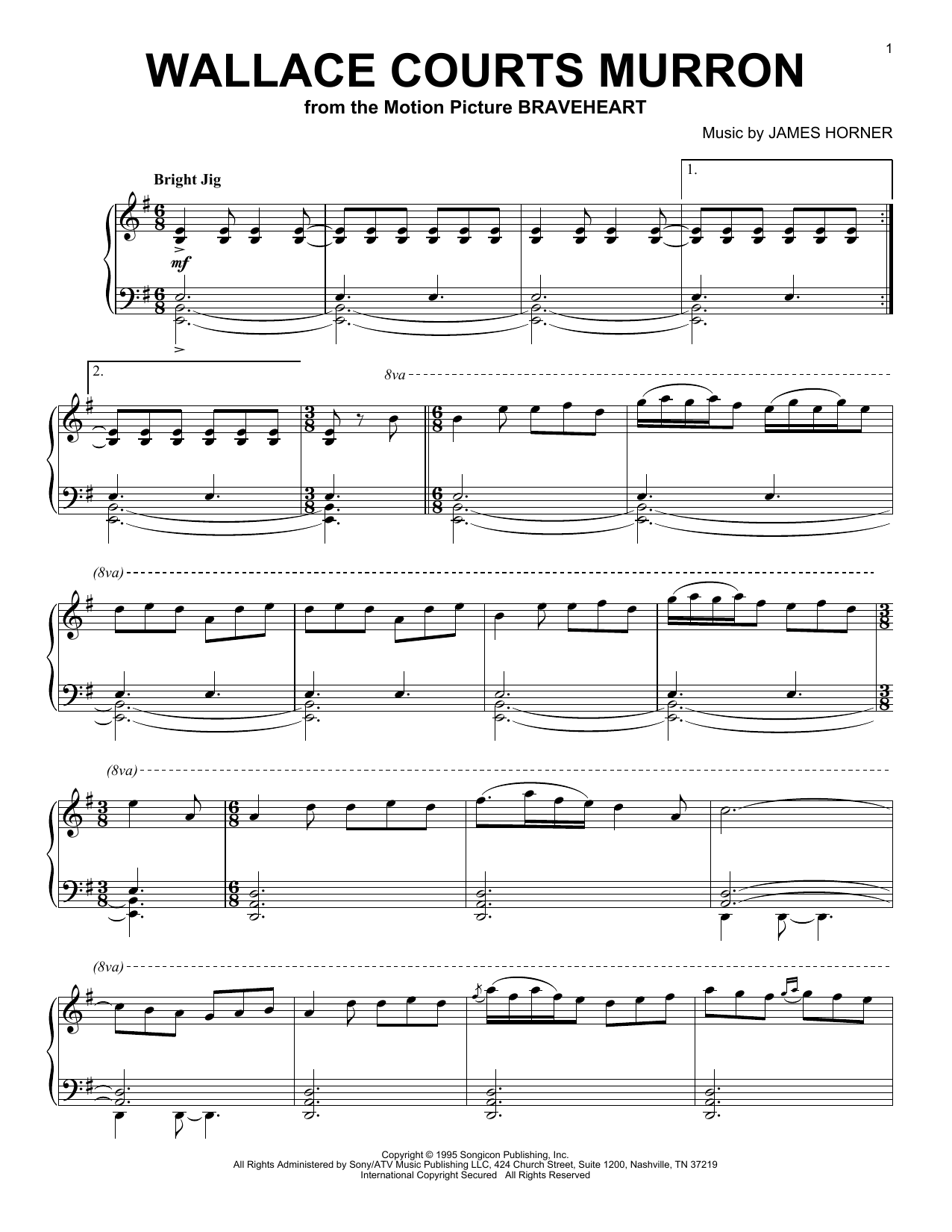 James Horner Wallace Courts Murron sheet music notes and chords arranged for Piano Solo